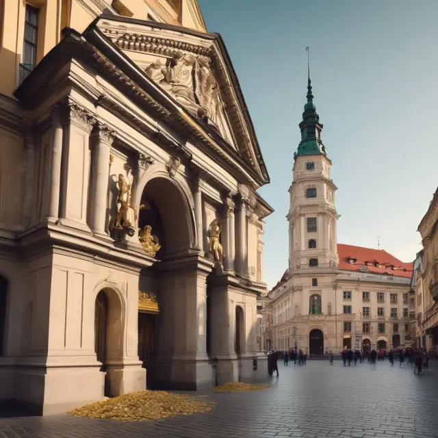 An image of the Vienna Stock Exchange (WBAG) with gold coins streaming from an old bell tower, representing its market capitalization.