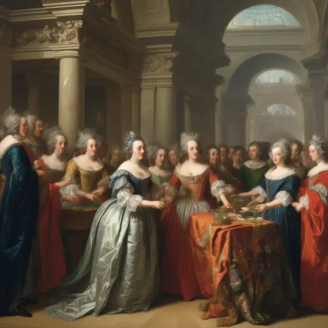 An image of Empress Maria Theresa planting a tree symbolizing the Vienna Stock Exchange (WBAG) amidst bustling Vienna market stalls, representing the exchange