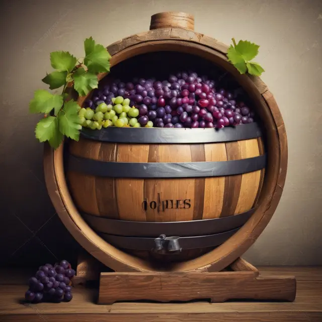 Vintage wine barrel shaped by business cycle phases, grapes symbolizing investment potential
