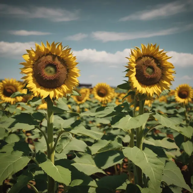 Comparison of sunflowers grown from seeds sown in the same year, illustrating varying growth patterns reflective of economic conditions