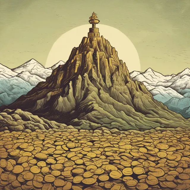 A mountain overflowing with gold coins, representing a market peak, crowned by the logo of an overvalued company from a vintage year