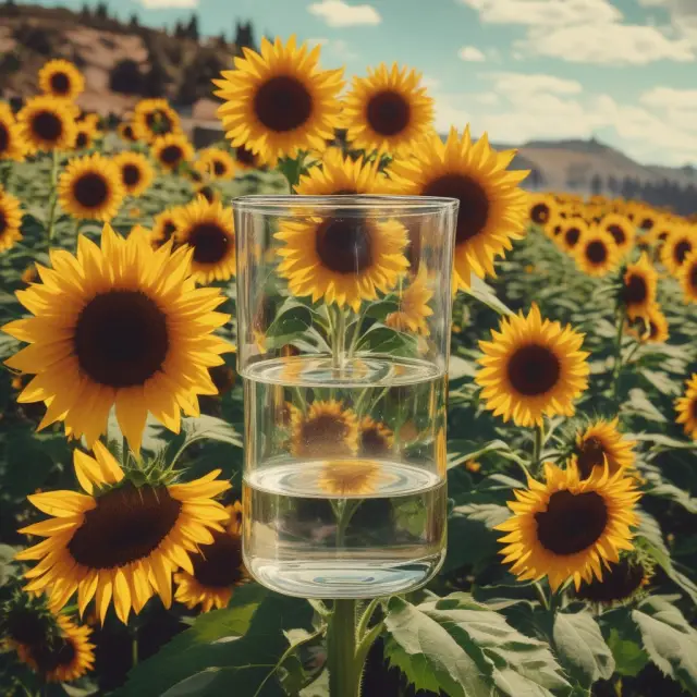 Vintage yearglass releasing undervalued companies, growing as sunflowers amidst a vibrant garden