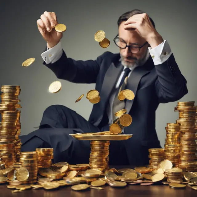 Institutional investors managing gold coins on a tray over real-time stock market data, illustrating efficient portfolio management with Vanguard