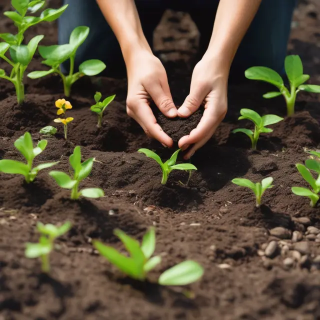 A gardener lovingly plants seeds from diverse Vanguard ETFs into a rich, fertile financial garden