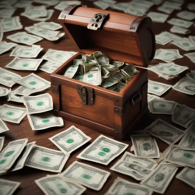 An open treasure chest overflowing with golden FAQ documents, symbolizing Vanguard ETF wisdom