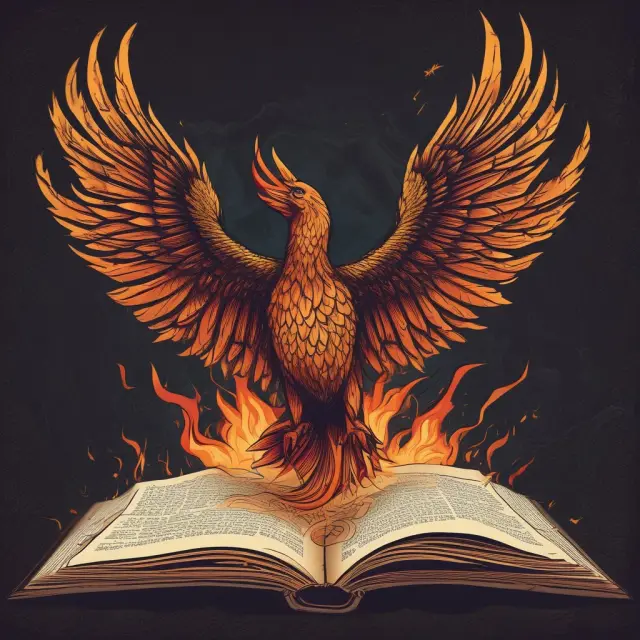 A phoenix rises from a stack of marketing books, symbolizing the rebirth and transformation of traditional marketing into viral marketing.