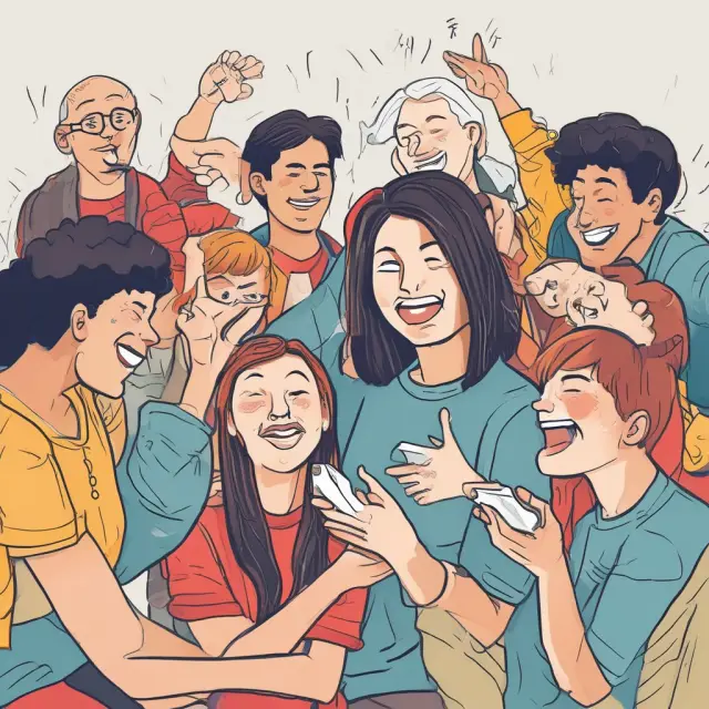 A woman watching a viral video, tears of joy streaming down her face, sharing it with friends, while two others interact with a storyteller surrounded by flames of engagement