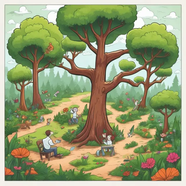 A lush forest of ideas with seeds representing objectives, target audience, channels, shareable content, and tracking results growing together in a vibrant ecosystem