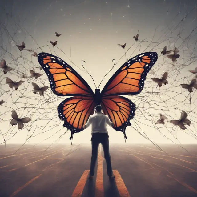 A vibrant butterfly fluttering above a network of websites, signifying the spread and influence of viral content