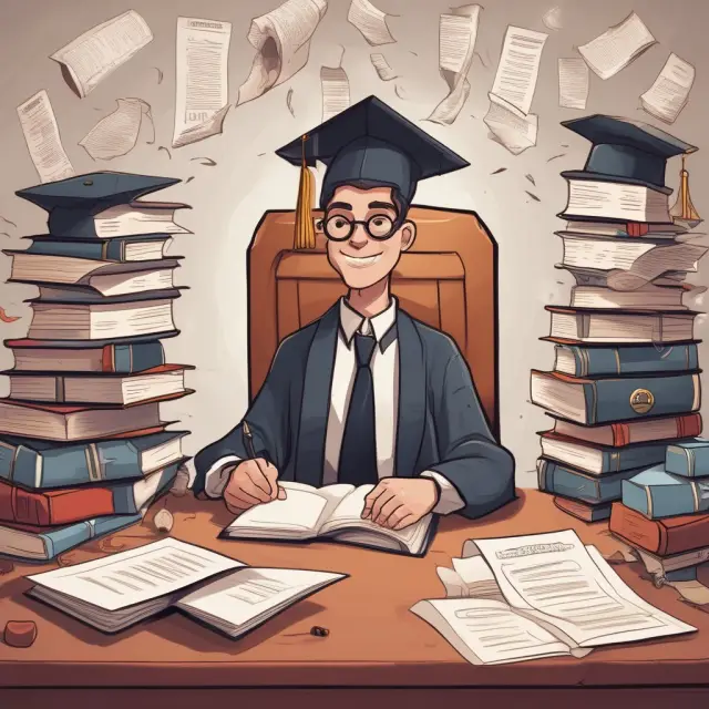 Scholar surrounded by books and certificates symbolizing the essential qualifications for a successful virtual assistant: education, skills, certifications.