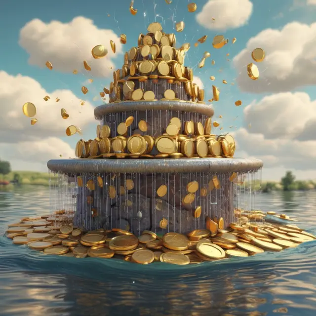 A digital fountain of various virtual currencies flowing and exchanging value in the open ecosystem