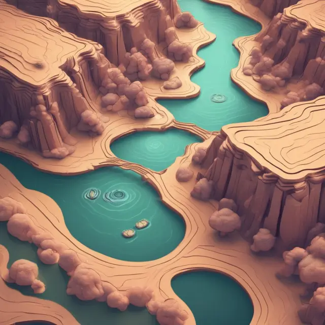 A digital river filled with coins flowing between users in a secure, decentralized network. Despite its security, hacks and scams present threats to investors.