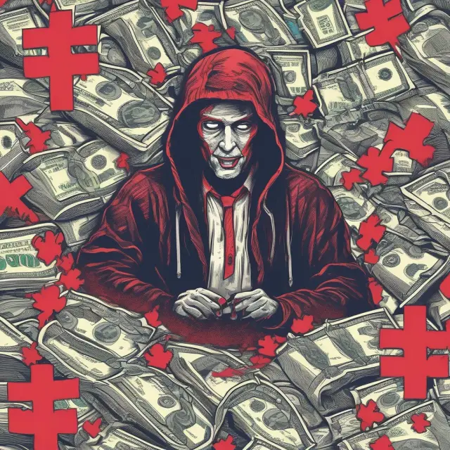 Virtual currency landscape with hacking threats, represented by sinister hackers, costs symbolized by dollar bills with red crosses, and scams depicted by shady characters.