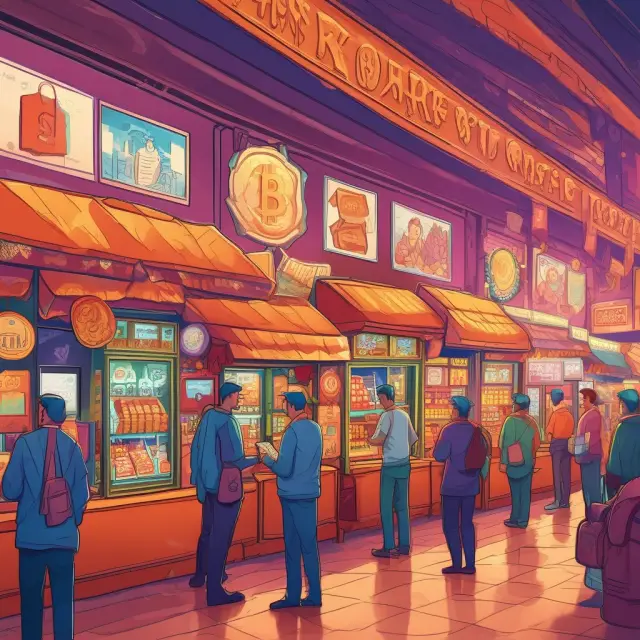A bustling marketplace depicting virtual currency exchanges, with markets represented by diverse stalls and regulatory oversight as a watchful guardian