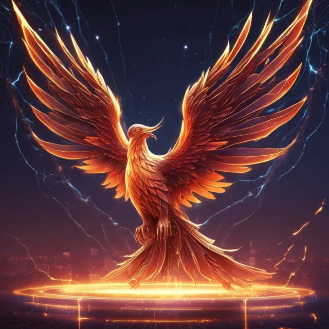 Visualization of a digital phoenix emerging from a blockchain, representing the evolution and potential of virtual currencies.