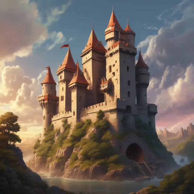 Fortified castle with a firewall dragon protecting encrypted data within.