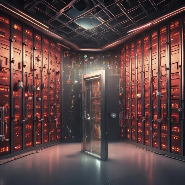 A virtual key opening a vault filled with digital data rooms, symbolizing secure document access and protection