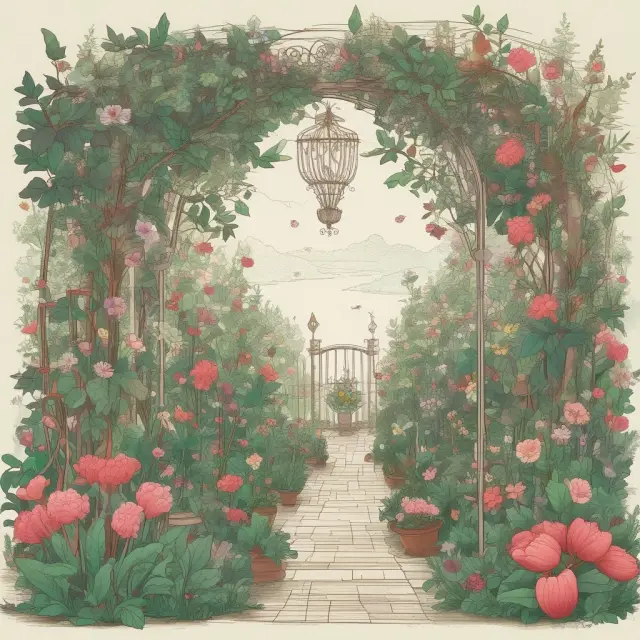 A lush virtual garden with documents as flowers growing amidst attentive users collaborating and sharing knowledge