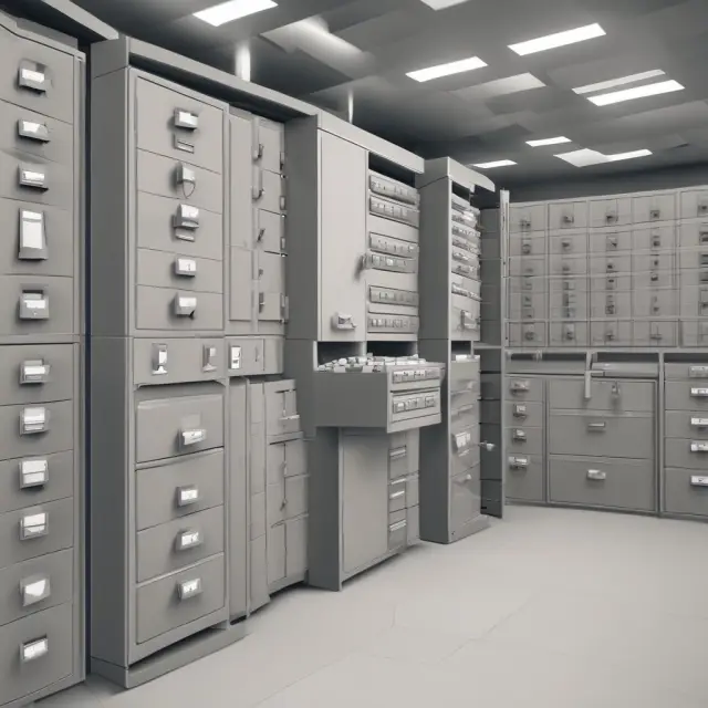 Virtual data room with organized folders and users accessing files through keyed drawers