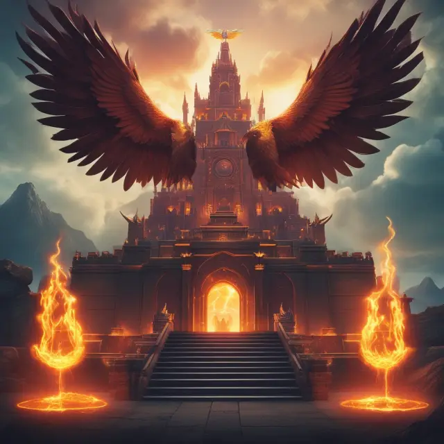 An intricate digital fortress protected by a fiery phoenix, emphasizing the importance of securing intangible assets in virtual economies
