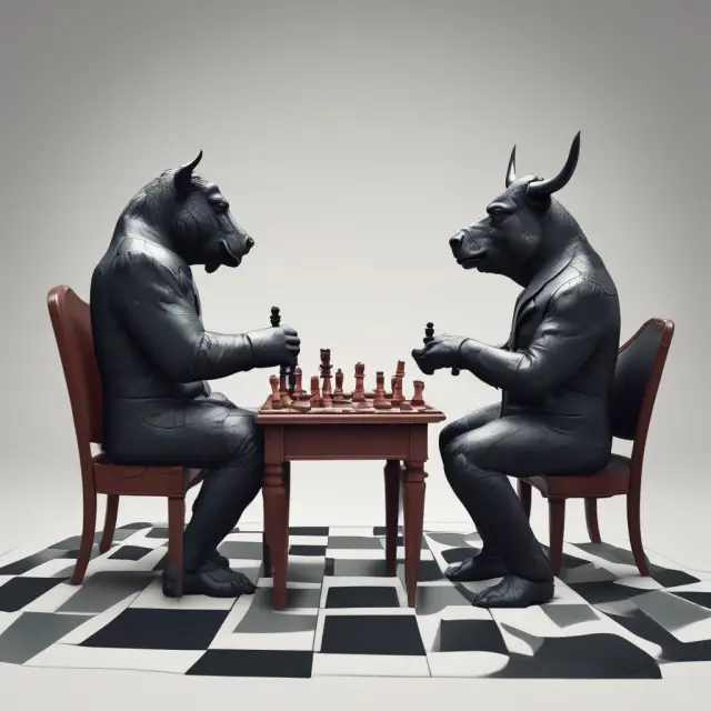 Virtual Bull and Bear play chess, representing investment strategies within a dynamic virtual economy.