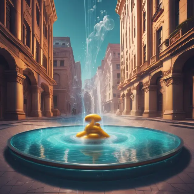A virtual currency stream cascading into a physical fountain, symbolizing the intersection of virtual and real economies
