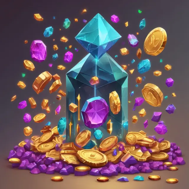 An image of virtual gems and coins flowing within a vibrant digital marketplace, representing the diverse world of virtual goods trading