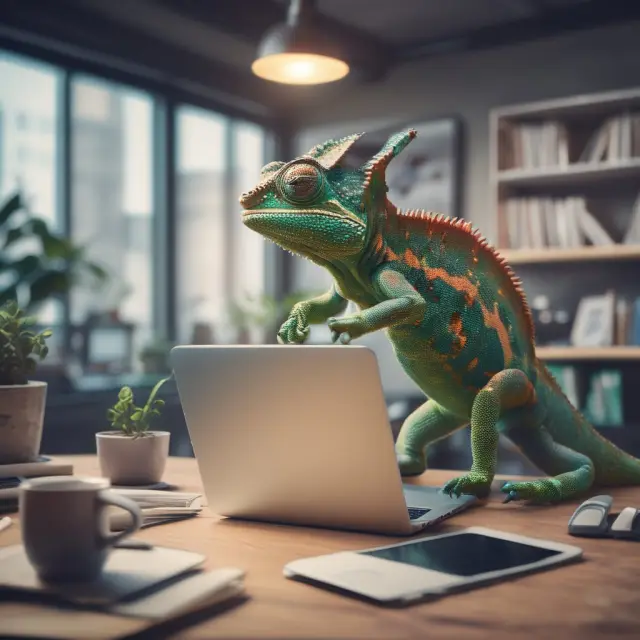 Chameleon in a home office morphing between business structures, symbolizing the versatility of a virtual office