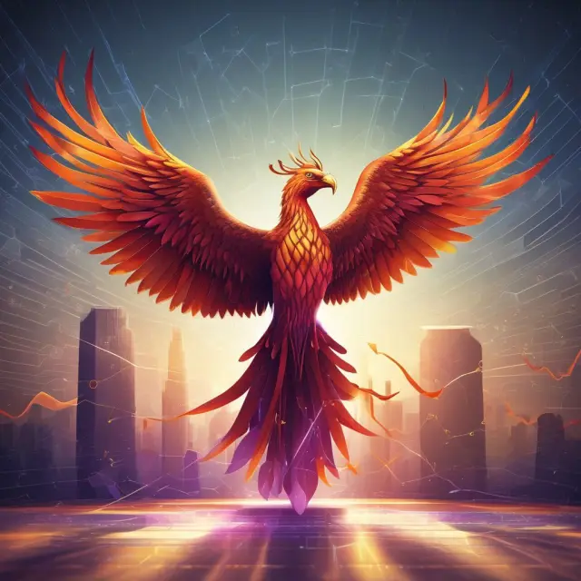 Digital Phoenix rising from stock market charts, symbolizing cost savings, convenience, and growth in virtual offices.