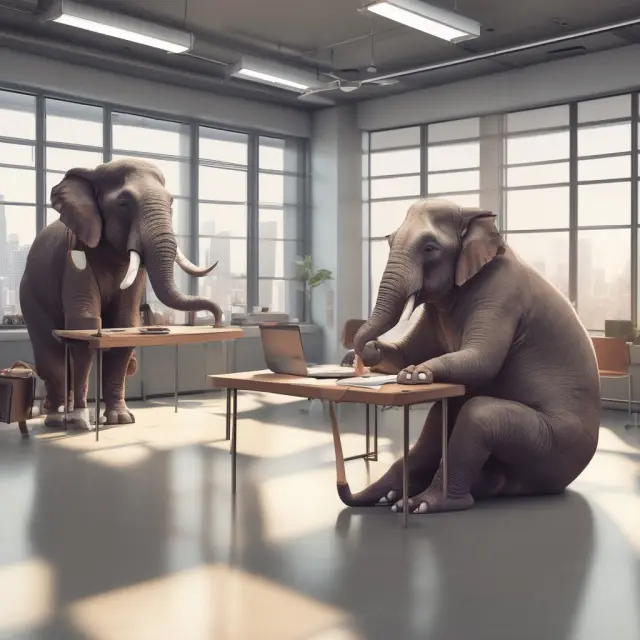 An elephant symbolizing a traditional office with high costs contrasted by a nimble fox representing a virtual office, illustrating cost savings
