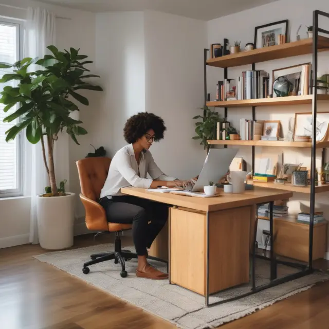 A remote worker sits at a desk with a laptop in a cozy home office, surrounded by virtual office services like a business address, phone answering, videoconferencing, and mail.