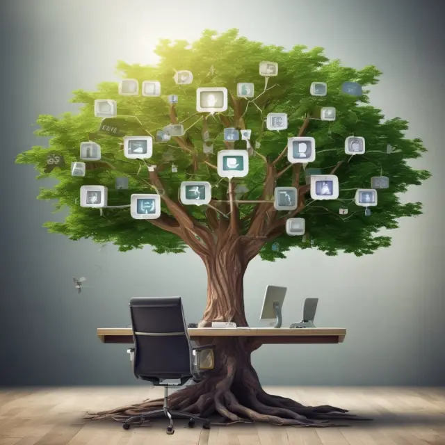 Virtual office as a tree symbolizing flexibility and growth, with deep roots in prestigious business locations and branches of customizable services