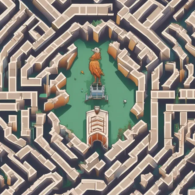 A virtual office maze filled with bridges symbolizing accessibility issues, while an eagle focuses on its target, illustrating how to overcome distractions in a remote work environment