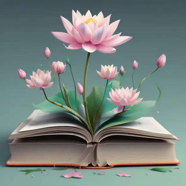 A book with lotus flower question prompts floating in a financial pond, representing FAQs about virtual offices for finance and investment businesses.