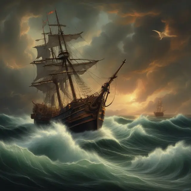 Image of a ship battling turbulent waters in the midst of a powerful storm, representing uncontrollable circumstances known as vis major.