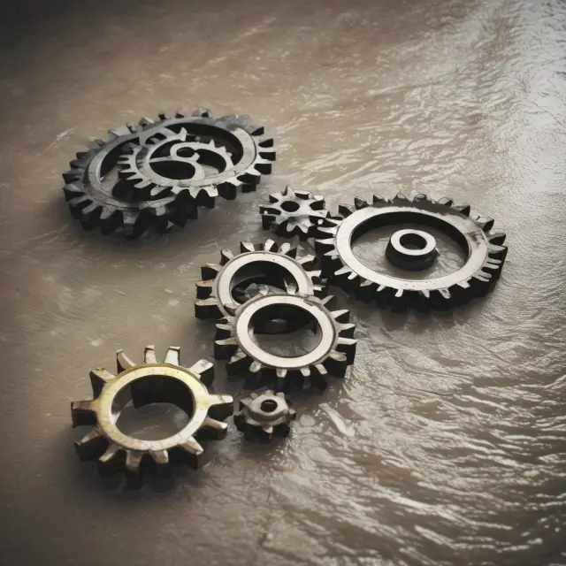 A mechanical gear system with vis major floodwaters causing disruption, illustrating the impact of uncontrollable events on contractual obligations