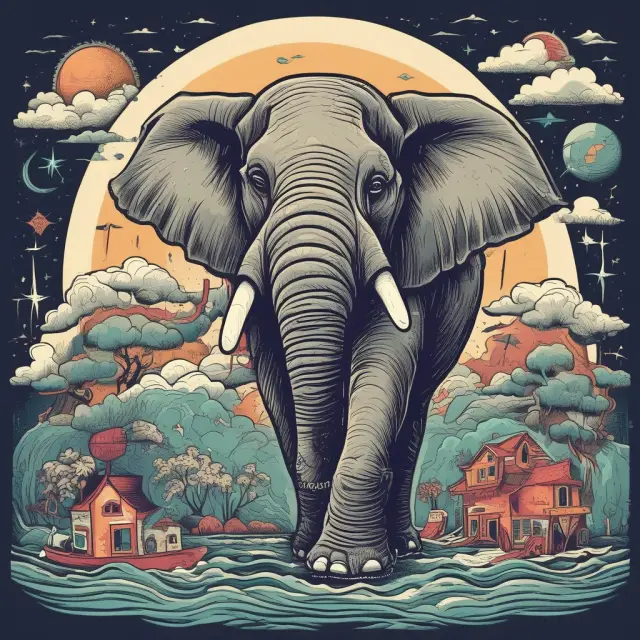 An elephant symbolizing vis major events carries a globe adorned with symbols representing hurricane, tornado, flood, earthquake, volcano, lightning, tsunami, and winter storm