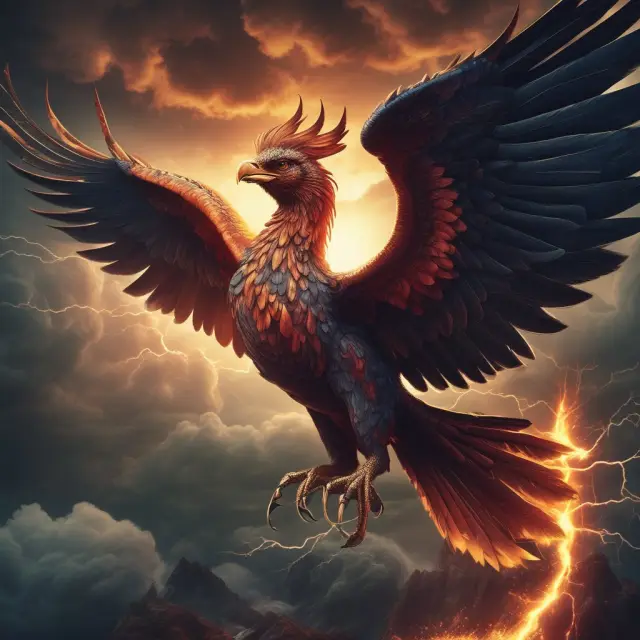 A phoenix rises above storm clouds, representing vis major insurance coverage that shields against financial losses