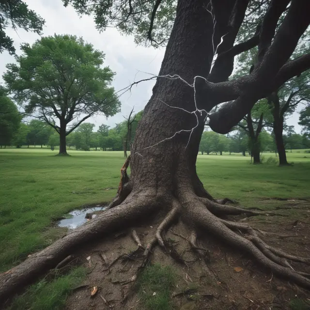 Image depicting the difference between vis major and human error in contracts: Vis Major - Tree struck by lightning, Human Error - Person breaking glass