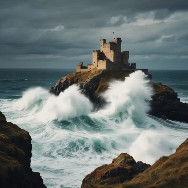 Stormy sea representing vis major events damaging a castle wall, showing increased insurance costs