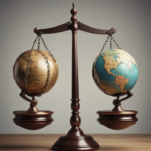 Two gavels representing common and civil law jurisdictions balancing on a globe, symbolizing the varying interpretations of vis major in different legal systems.