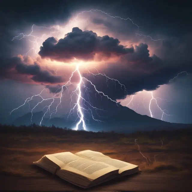 Stormy sky releasing bolts of lightning over two documents symbolizing contracts and insurance, representing the unpredictable nature of vis major events