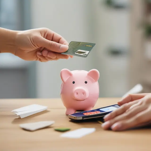 Person using a Visa Debit Card to access checking and savings accounts, illustrated as a piggy bank opening