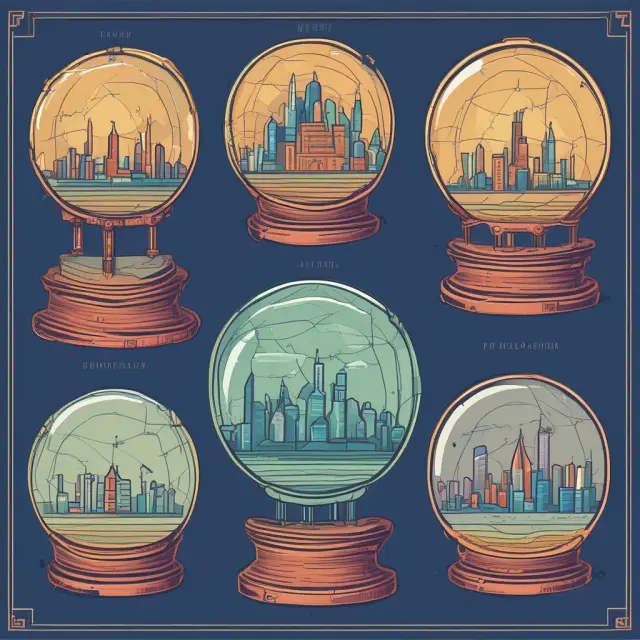 A crystal ball with interconnected graphs illustrating historical data, industry trends, economic indicators, and management guidance to predict future company earnings
