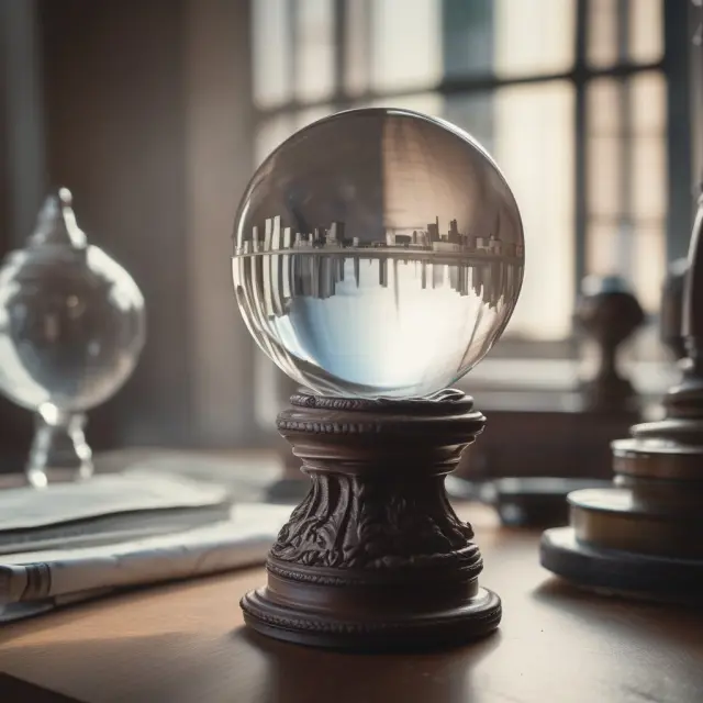 Institutional investor examining a crystal ball with accurate financial projections