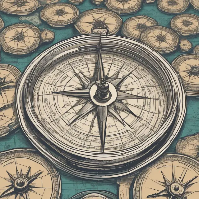 An investor holding a compass in front of a table filled with commodity data, gazing intently at a lighthouse-like beacon labeled 