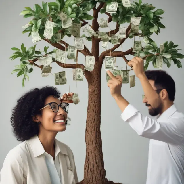 An optician fine-tuning glasses atop a flourishing tree with currency leaves, illustrating the financial benefits and importance of vision care insurance