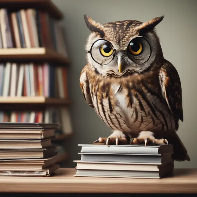 An optimistic owl sits atop a bookshelf, wearing glasses and holding a stack of dollar bills, symbolizing smart investment in vision care insurance.