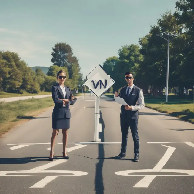 Two figures at a crossroads: One holds a magnifying lens, illustrating the employer-sponsored vision care plan choice.