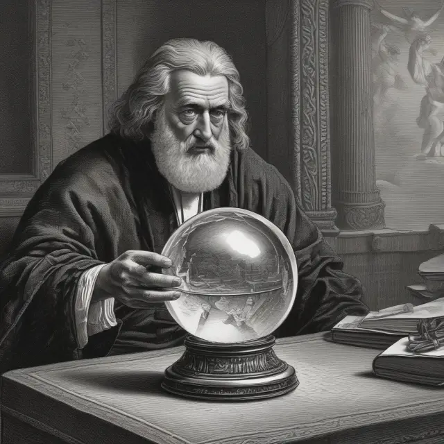 Historian analyzing crystal ball with past stock market volatility indexes transitioning to the VIX